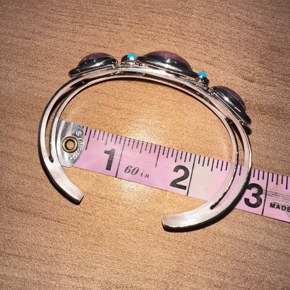 Rhodochrosite with small turquoise & lapis accents sterling silver cuff - Picture 8 of 10